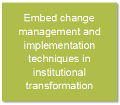 Embed change management and implementation techniques in institutional transformation