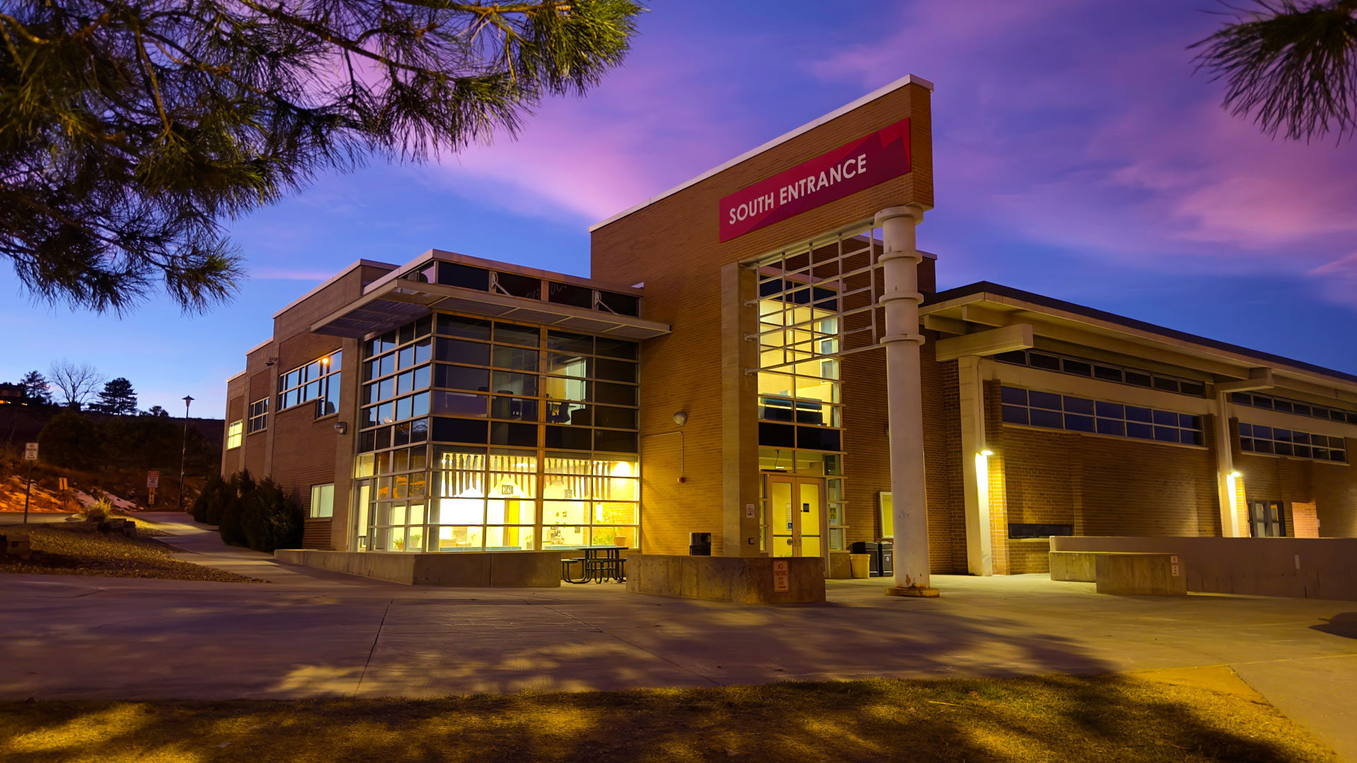 RRCC upper west entrance at night