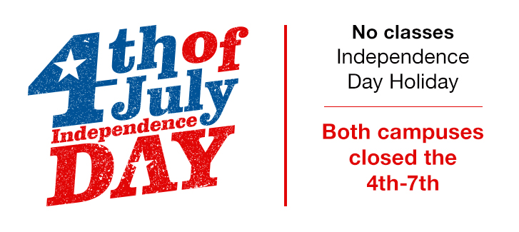 No classes; Independence Day Holiday (Both campuses closed) July 4-7, 2024