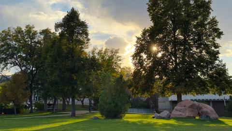 Student sitting outside Lakewood Campus main entrance lawn